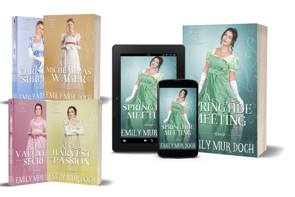 The covers of the first three books of Emily E K Murdoch's historical romance series, Seasons of Love