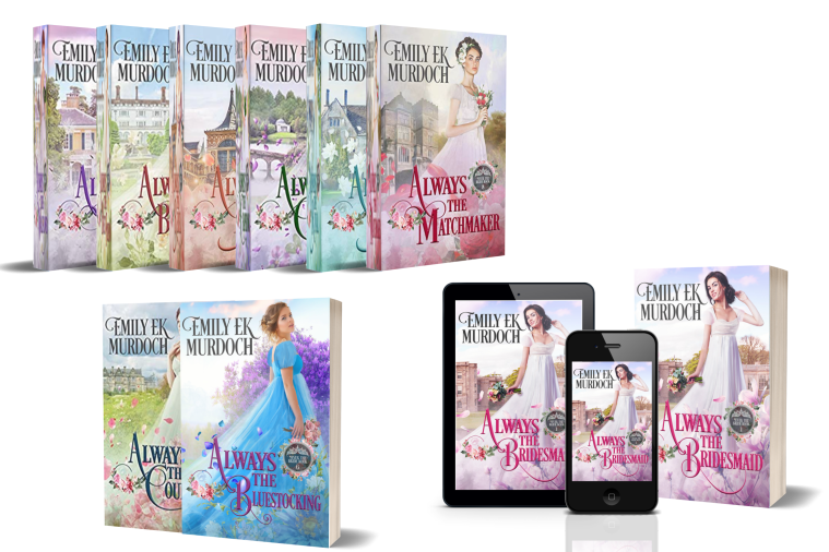 The covers of the first three books of Emily E K Murdoch's historical romance series, Never the Bride