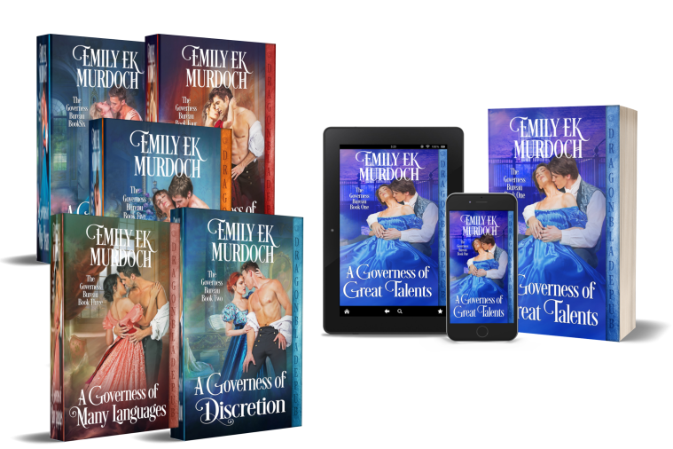 The covers of the first three books of Emily E K Murdoch's historical romance series, The Governess Bureau