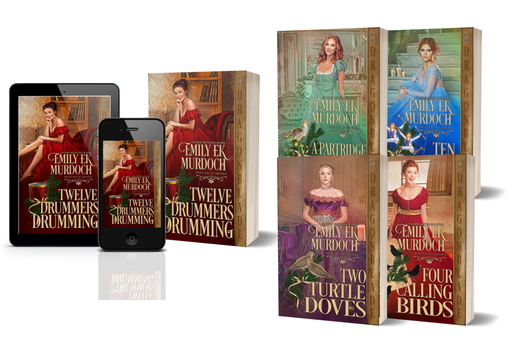 The covers of the first three books of Emily E K Murdoch's historical romance series, Twelve Days of Christmas