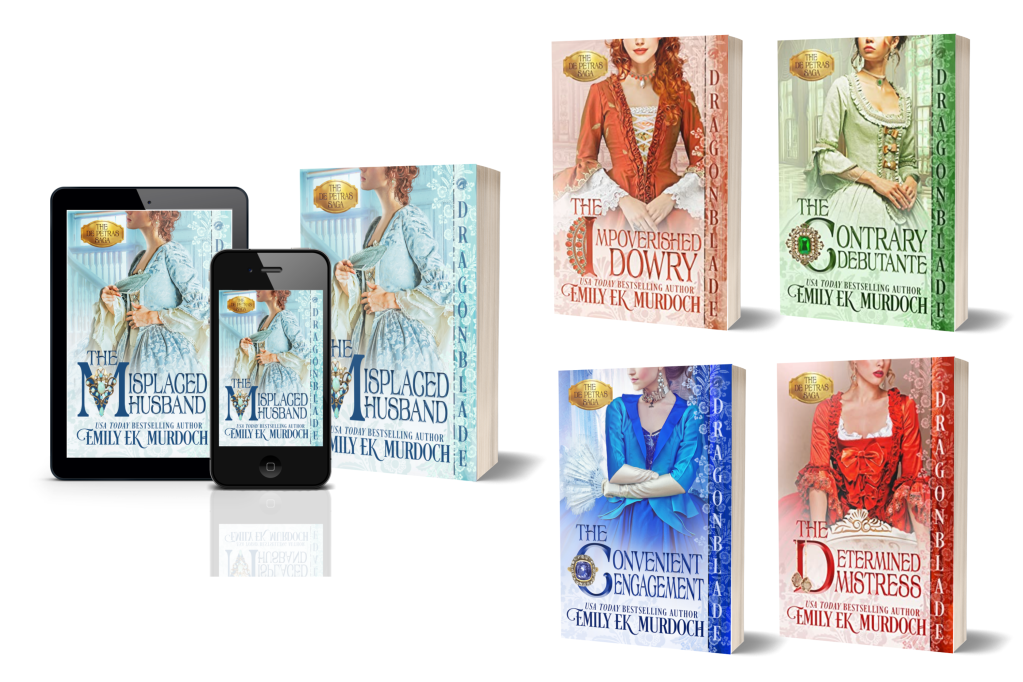 The covers of the first three books of Emily E K Murdoch's historical romance series, the De Petras Saga